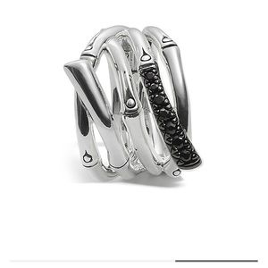 Women's Sterling Silver Bamboo Lava Wide Ring with small diamonds